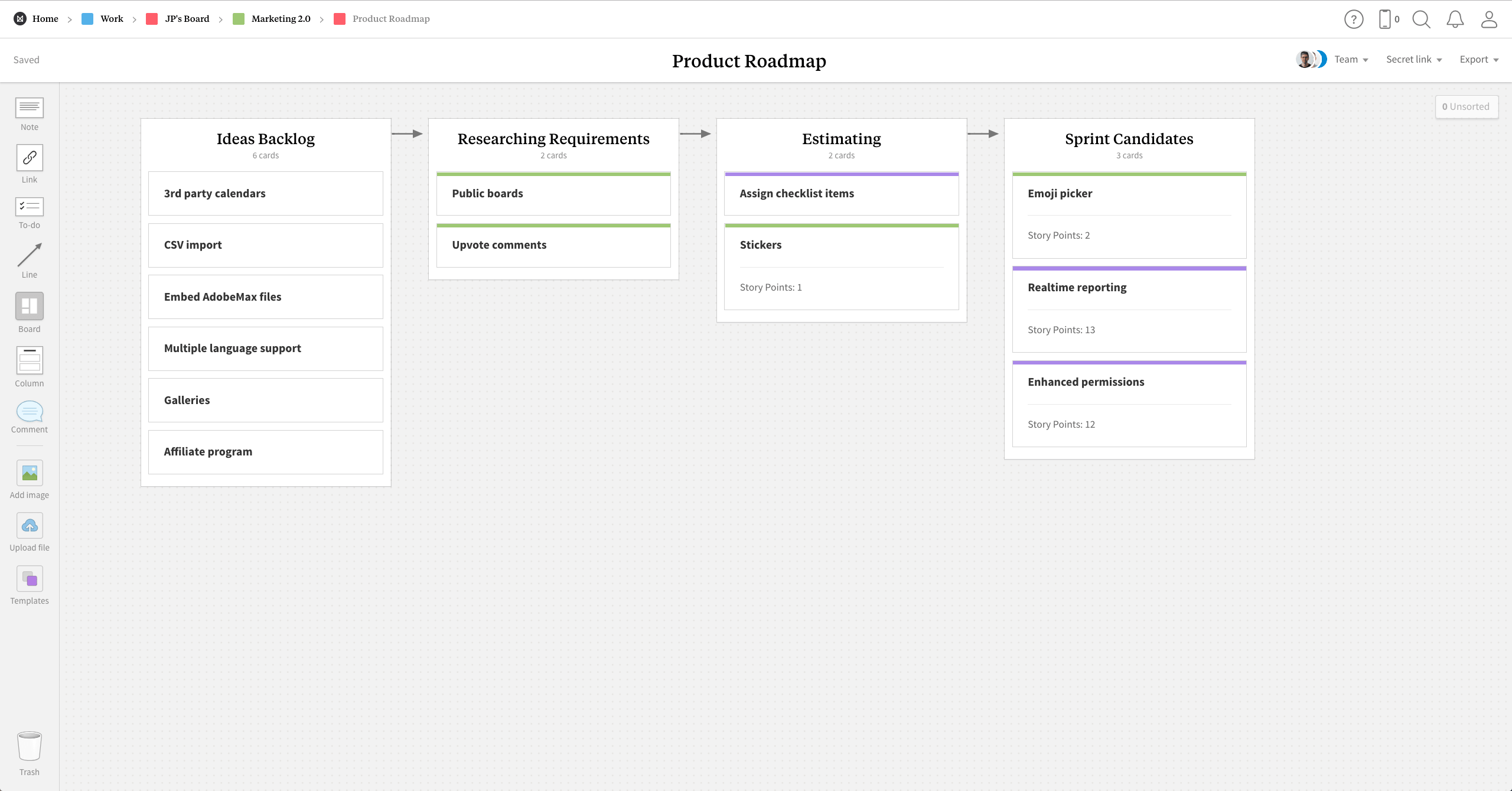 Completed Product Roadmap template in Milanote app