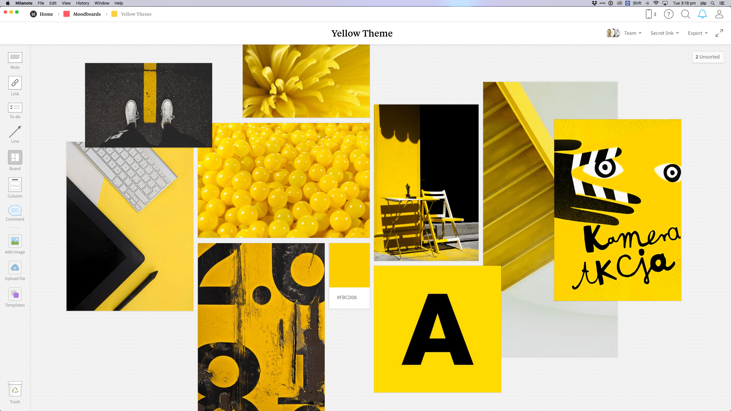 Completed Graphic Design Moodboard template in Milanote app