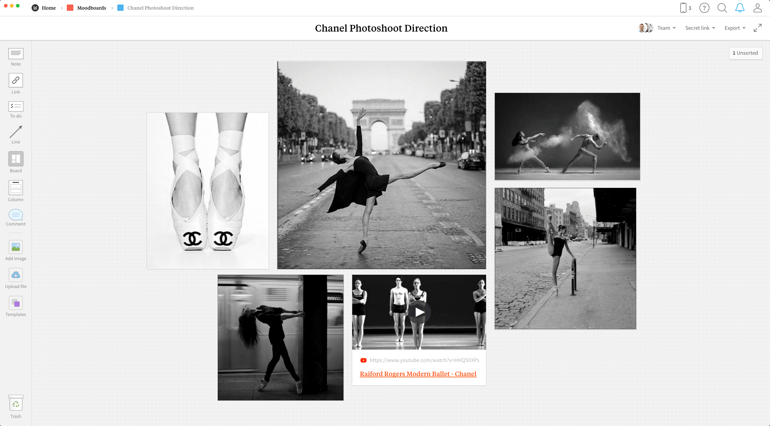 Completed Photography Moodboard template in Milanote app