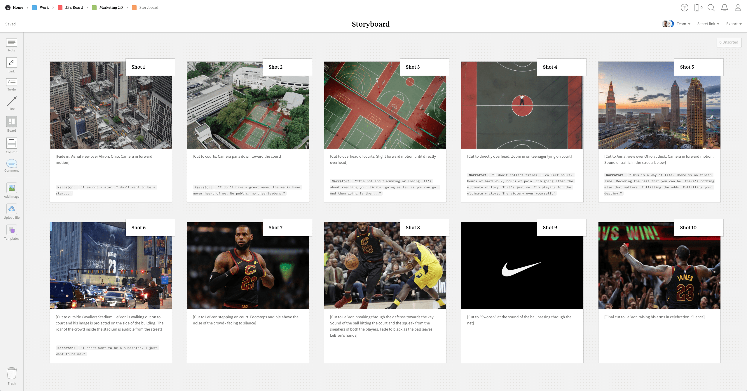 Completed Storyboard template in Milanote app