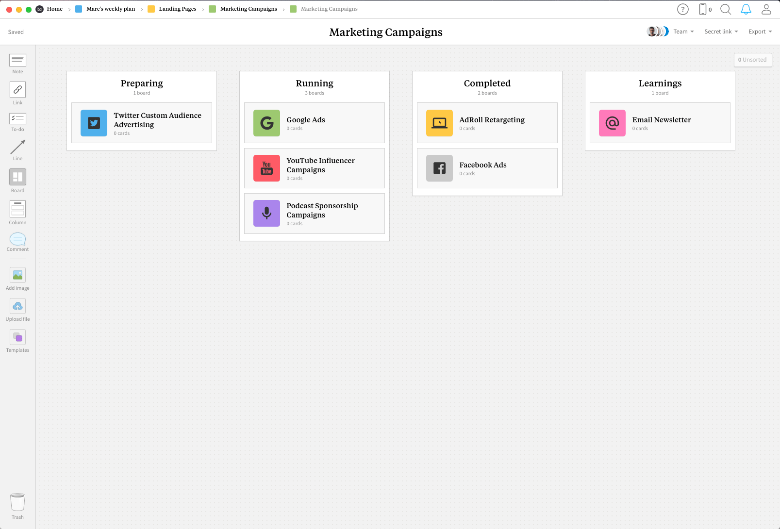 Completed Marketing Campaigns template in Milanote app