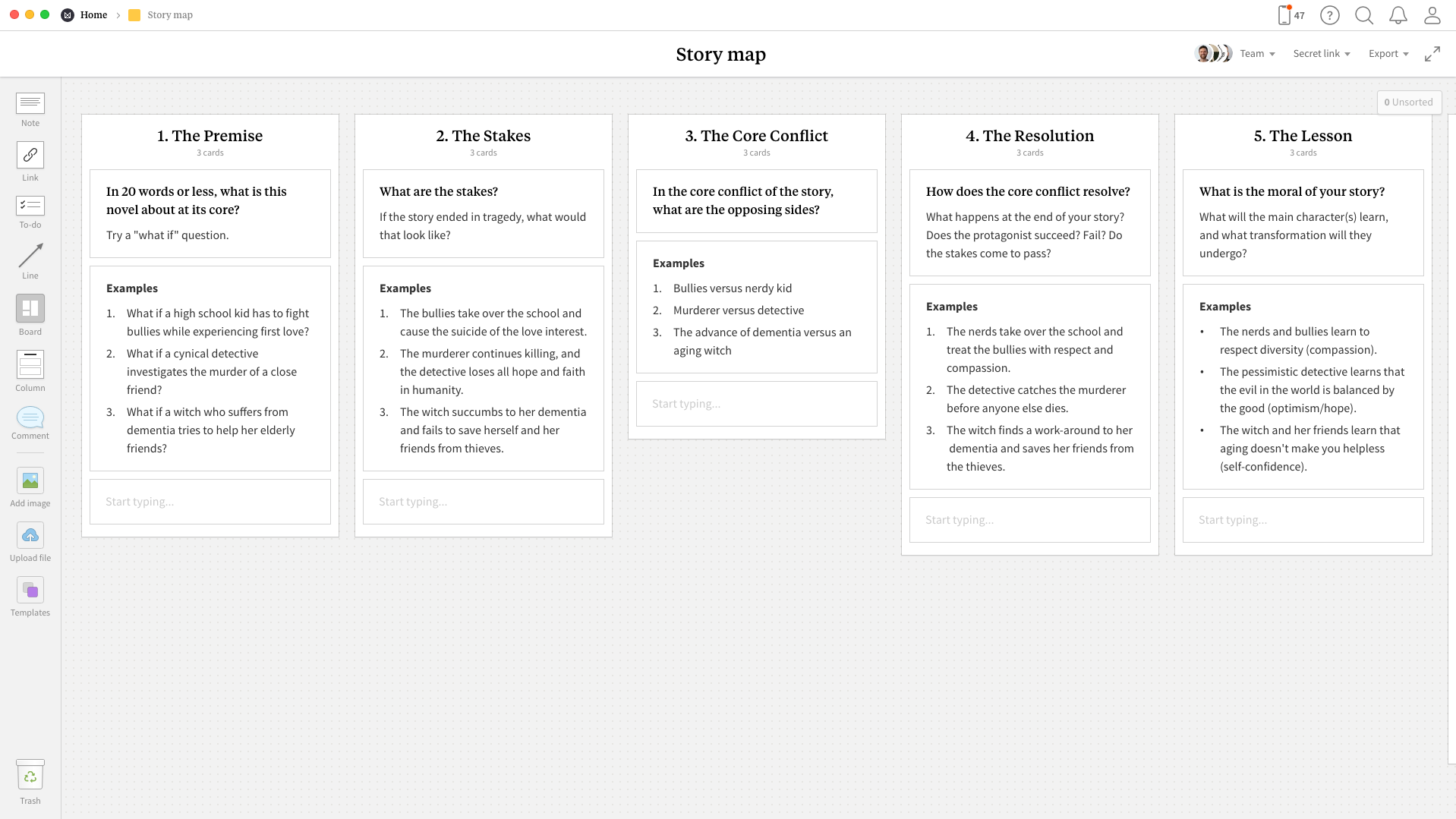 Completed Story Map template in Milanote app